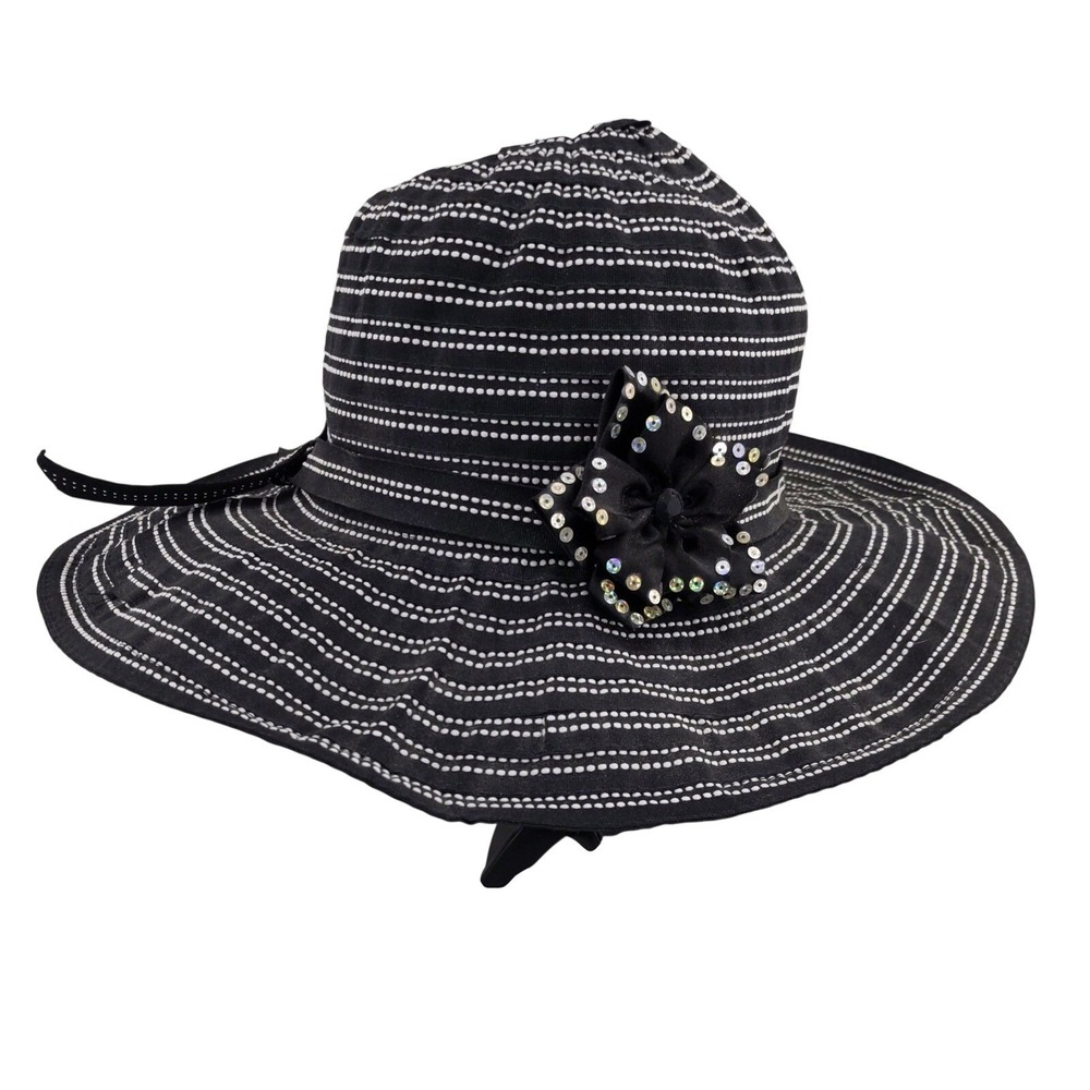 Scala Collezione Sun Hat Black White‎ Striped Sequin Bow Wide Brim Womens